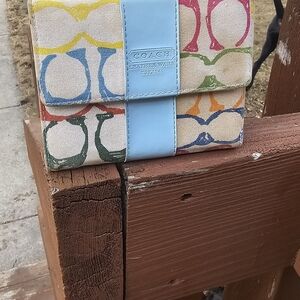 Coach Multicolor Signature Canvas Wallet with Light Blue Leather Strap